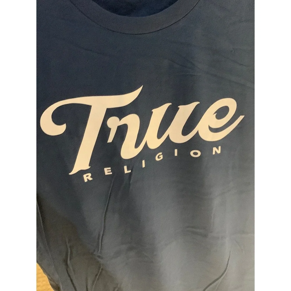True Religion SS Scripted True Navy White Short Sleeve‎ Tee NWT Mens Medium
